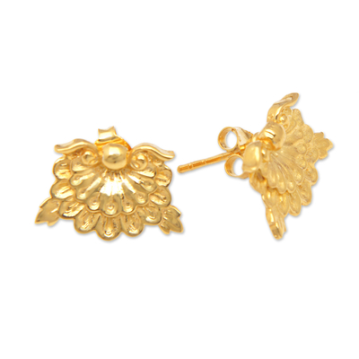 Pendientes de botón chapados en oro - Aretes con diseño de diente de león chapados en oro de Bali