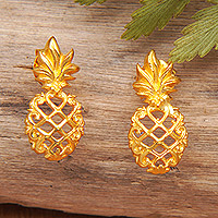 Gold-plated button earrings, 'Pineapple Flair' - Gold-Plated Pineapple Button Earrings Made in Bali