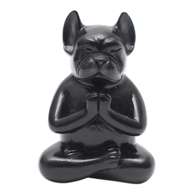 Holzskulptur - Handgeschnitzte Skulptur einer französischen Bulldogge aus schwarzem Suar-Holz