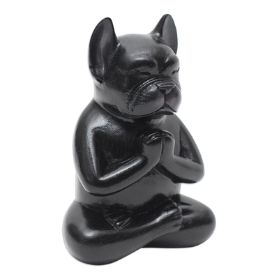 Holzskulptur - Handgeschnitzte Skulptur einer französischen Bulldogge aus schwarzem Suar-Holz