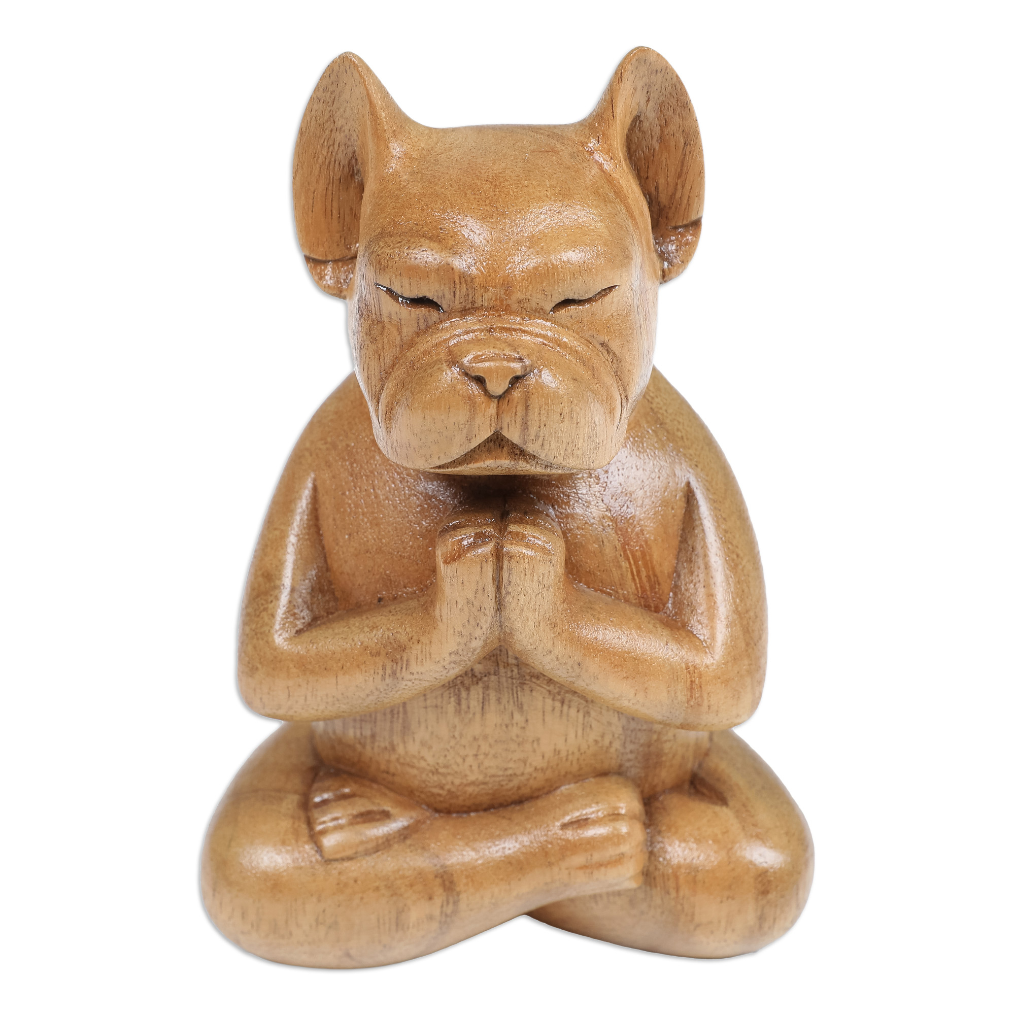 Hand-Carved Suar Wood and Onyx Dog Sculpture from Bali - Begging