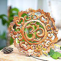 Wood relief panel, 'centre of Life' - Hand-Carved Leafy and Floral Suar Wood Onkara Relief Panel