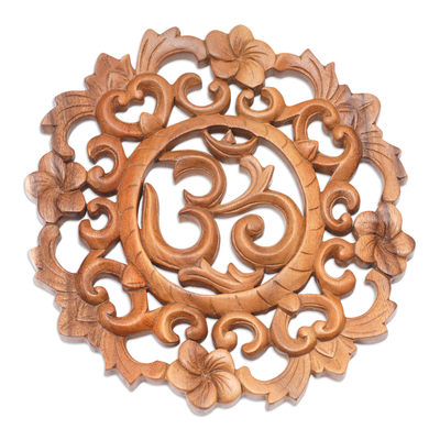 Wood relief panel, 'Center of Life' - Hand-Carved Leafy and Floral Suar Wood Onkara Relief Panel