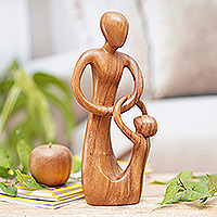 Wood sculpture, 'Precious Moment' - Modern Father and Son Sculpture Hand-Carved in Wood in Bali