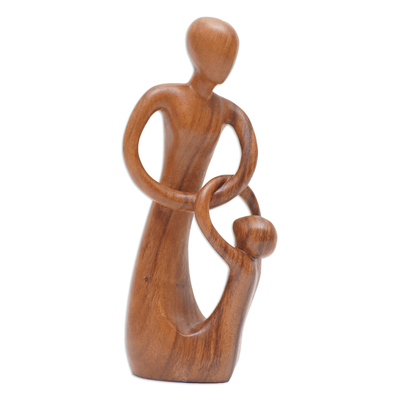 Wood sculpture, 'Precious Moment' - Modern Father and Son Sculpture Hand-Carved in Wood in Bali