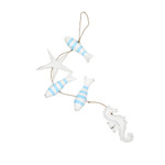 Wood mobile, 'Aquatic Realm in Blue' - Hand-Carved Marine-Themed White and Blue Albesia Wood Mobile