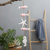 Wood mobile, 'Aquatic Realm in Pink' - Hand-Carved Marine-Themed White and Pink Albesia Wood Mobile