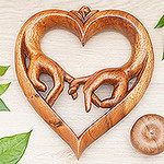 Hand-Carved Heart-Shaped Brown Suar Wood Relief Panel, 'The Promise of Love'