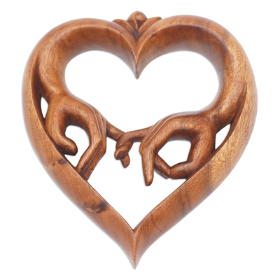 Wood relief panel, 'The Promise of Love' - Hand-Carved Heart-Shaped Brown Suar Wood Relief Panel