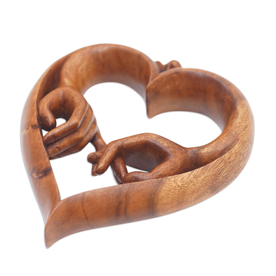 Wood relief panel, 'The Promise of Love' - Hand-Carved Heart-Shaped Brown Suar Wood Relief Panel