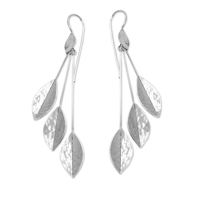 Sterling silver dangle earrings, 'Winter Glisten' - Modern Hammered Sterling Silver Leaf Dangle Earrings
