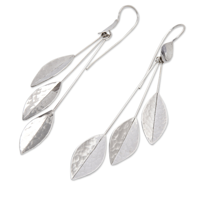 Sterling silver dangle earrings, 'Winter Glisten' - Modern Hammered Sterling Silver Leaf Dangle Earrings
