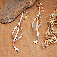 Sterling silver dangle earrings, 'Celestial Ribbons' - Abstract Matte-Finished Sterling Silver Dangle Earrings