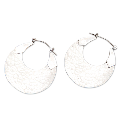 Sterling silver hoop earrings, 'Divine Reflections' - Moon-Shaped Sterling Silver Hammered Hoop Earrings