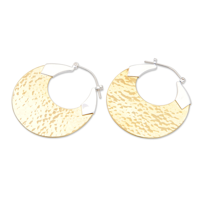 Pendientes aro bañados en oro - Aretes de aro martillados con baño de oro de 22k en forma de luna