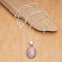 Rhodochrosite pendant necklace, 'Saturday Night' - Balinese Sterling Silver Necklace with Rhodochrosite Pendant