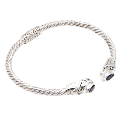 Amethyst cuff bracelet, 'Spiritual Fates' - Balinese Sterling Silver Cuff Bracelet with Amethyst Gems