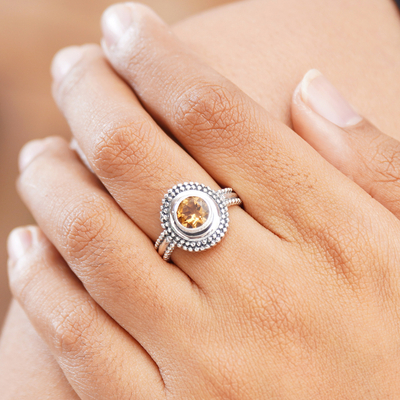 Citrine cocktail ring, 'Exquisite Brilliance' - Sterling Silver Cocktail Ring with Round Citrine Stone