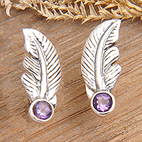 Amethyst stud earrings, 'Petite Feather' - Sterling Silver Leaf Stud Earrings with Amethyst Stone