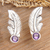 Amethyst stud earrings, 'Petite Feather' - Sterling Silver Leaf Stud Earrings with Amethyst Stone