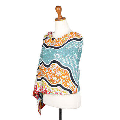 Batik rayon scarf, 'Blue Coast' - Multicolored Fringed Batik Rayon Scarf Handmade in Java