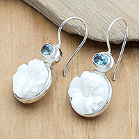 Blue topaz dangle earrings, 'Loyal Hibiscus Bloom' - Floral Round Sterling Silver and Blue Topaz Dangle Earrings