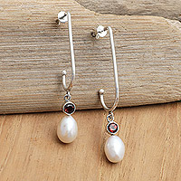 Cultured pearl and garnet dangle earrings, 'The Perseverant Pearls' - White Cultured Pearl and Garnet Dangle Silver Earrings