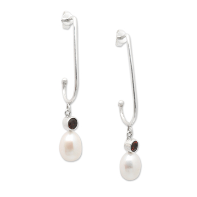 Cultured pearl and garnet dangle earrings, 'The Perseverant Pearls' - White Cultured Pearl and Natural Garnet Dangle Earrings