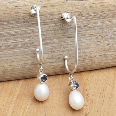 Cultured pearl and amethyst dangle earrings, 'The Wise Pearls' - White Cultured Pearl and Faceted Amethyst Dangle Earrings