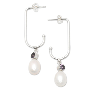 Aretes colgantes de perlas cultivadas y amatistas - Pendientes colgantes de perlas cultivadas blancas y amatistas facetadas