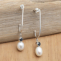 Cultured pearl and onyx dangle earrings, 'The Mystic Pearls' - White Cultured Pearl and Faceted Onyx Dangle Earrings