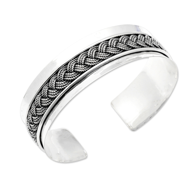 Sterling silver cuff bracelet, 'Queen's Knots' - Sterling Silver Cuff Bracelet with Balinese Knot Details