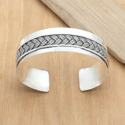 Sterling silver cuff bracelet, 'Queen's Knots' - Sterling Silver Cuff Bracelet with Balinese Knot Details
