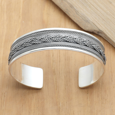 Sterling silver cuff bracelet, 'Tropical Luxury' - Sterling Silver Cuff Bracelet with Balinese Braided Motifs