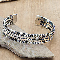 Sterling silver cuff bracelet, 'Wild Shining' - Sterling Silver Cuff Bracelet with Braided Chain Accents