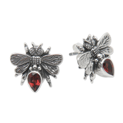 Garnet button earrings, 'Bee Passionate' - Sterling Silver Bee Button Earrings with Garnet Jewels