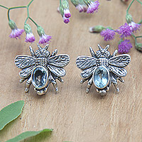Blue topaz button earrings, 'Bee Loyal' - Sterling Silver Bee Button Earrings with Blue Topaz Jewels