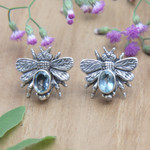 Blue topaz button earrings, 'Bee Loyal' - Sterling Silver Bee Button Earrings with Blue Topaz Jewels