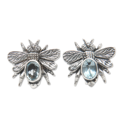 Blue topaz button earrings, 'Bee Loyal' - Sterling Silver Bee Button Earrings with Blue Topaz Jewels