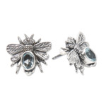Blue topaz button earrings, 'Bee Loyal' - Sterling Silver Bee Button Earrings with Blue Topaz Jewels