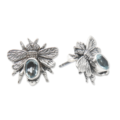 Blaue Topas-Knopfohrringe - Bienenknopf-Ohrringe aus Sterlingsilber mit blauen Topas-Schmucksteinen