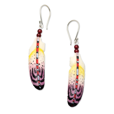 Garnet beaded dangle earrings, 'Wisdom Feathers' - Handcrafted Purple Feather Dangle Earrings with Garnet Beads