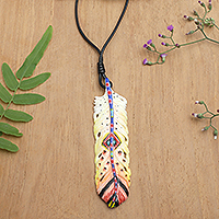 Hand-painted cord pendant necklace, 'Courageous Freedom' - Hand-Painted Red and Yellow Feather Pendant Necklace