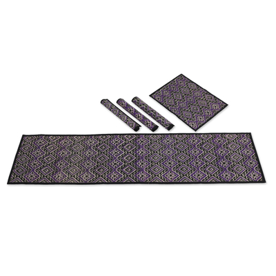 Natural fiber and cotton table runner and placemats, 'Purple Diamond' (set of 5) - Cotton Natural Fiber 5-Piece Set of Table Runner & Placemats