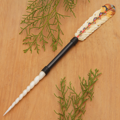 Hand-painted hairpin, 'Feathered Nature' - Feather-Themed Hand-Painted Hairpin in Warm Hues