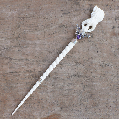 Amethyst hair pin, 'Always Impressive' - Sterling Silver Eagle Hair Pin with Amethyst Made in Bali