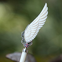Garnet hairpin, 'Angel of Passion' - Wing Hairpin with Sterling Silver Accents and Garnet Jewel
