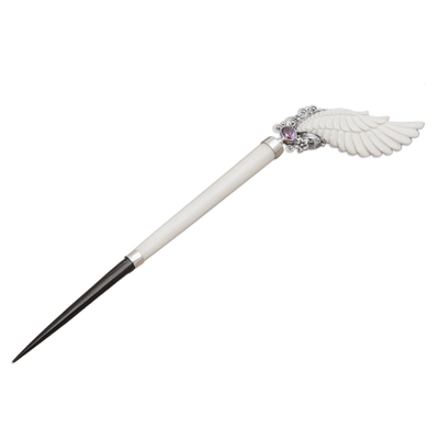 Amethyst and horn hair pin, 'Always Angelic' - Amethyst Horn Sterling Silver Hair Pin Handcrafted in Bali