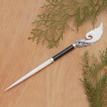 Blue topaz and horn hair pin, 'Always Stylish' - Blue Topaz Horn Sterling Silver Hair Pin Handmade in Bali