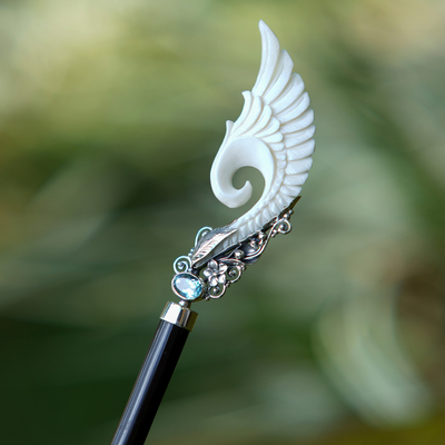 Blue topaz and horn hair pin, 'Always Stylish' - Blue Topaz Horn Sterling Silver Hair Pin Handmade in Bali